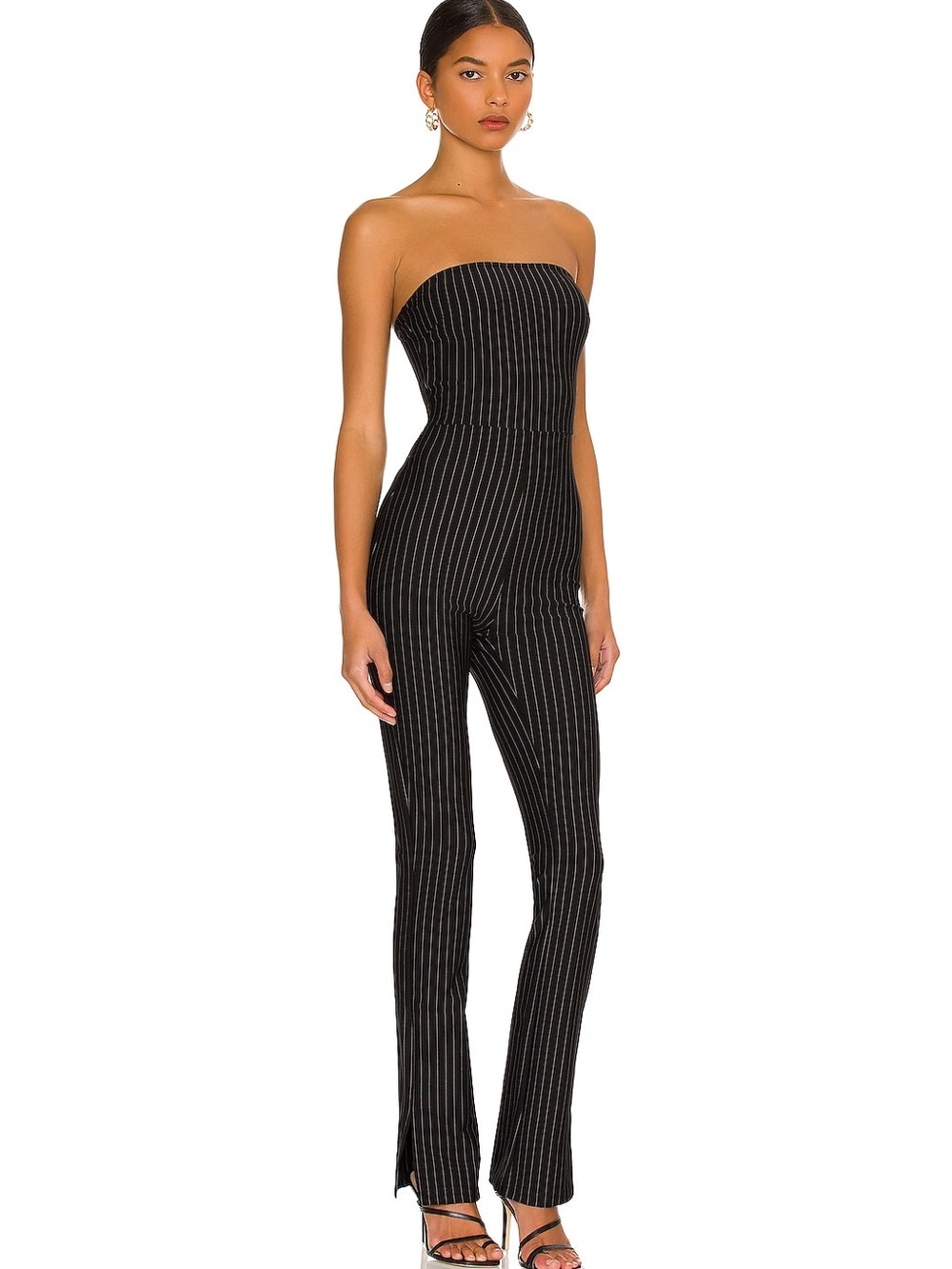 superdown Black Pinstripe Strapless Jumpsuit